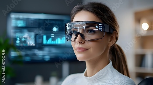 Futuristic woman wearing virtual reality headset at modern high tech workspace Advanced technology innovation and digital transformation concept