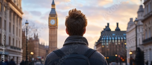 A man with a backpack looking at the Big Ben clock tower