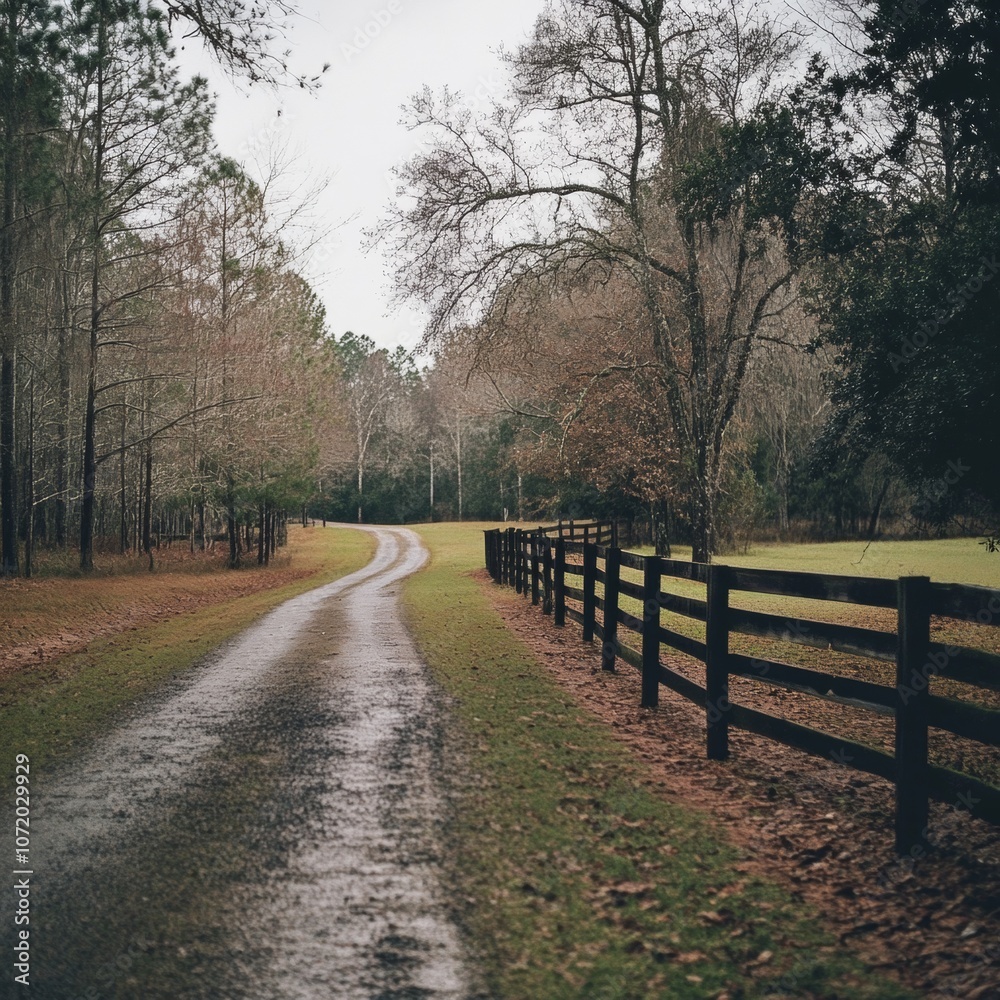 Fototapeta premium Empty Country Road with Wooden Fence.