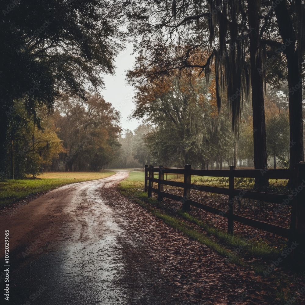 Fototapeta premium Rural Road Through Trees and Fence.