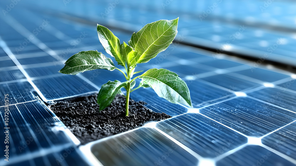Fototapeta premium A Green Plant Growing Through the Grid of a Solar Panel, Representing the Intertwining of Nature and Technology