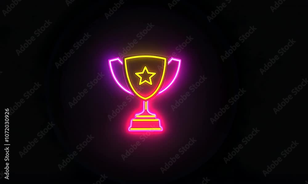 Colorful neon light glowing winner cup icon isolated dark video background.