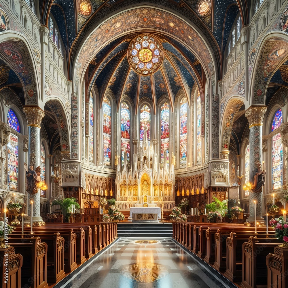 Obraz premium The interior of a Christian church, with a beautifully decorated altar and stained glass windows.