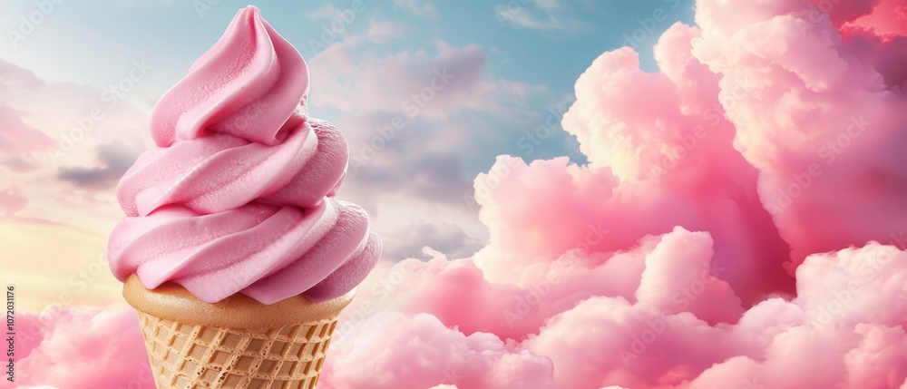 A pink ice cream cone in the middle of a cloudy sky