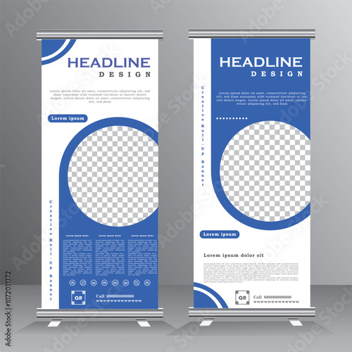 Roll up banner template design for business with blue colour, vertical bannar, modern x-banner, Bussiness standees banner advertising. roll up vector banner template illustration, Vector eps 10 photo