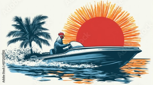 A rooster in a boat speeding through the water with the sun rising behind him. photo