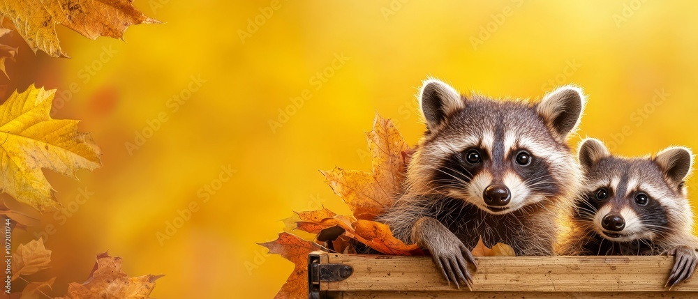 Fototapeta premium Two raccoons sitting on top of a wooden box surrounded by leaves