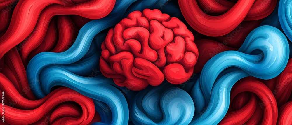A red and blue brain surrounded by wavy lines A red and blue brain surrounded by wavy lines