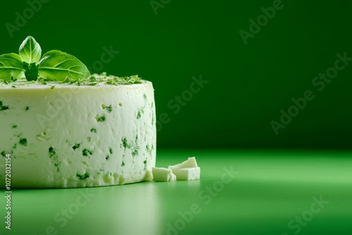 Close-Up of Camembert Cheese with Herbs in Pastel Room photo