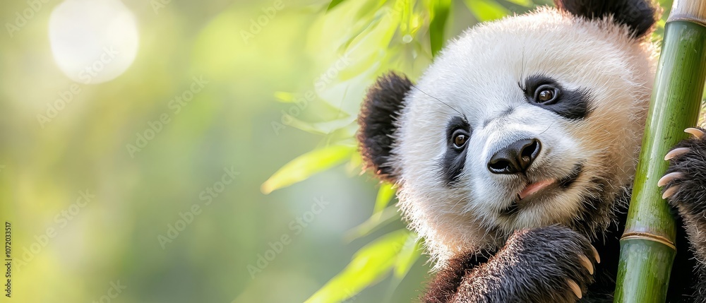 Fototapeta premium A panda bear sitting on top of a bamboo tree