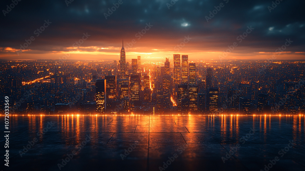 golden lights reflecting off a dark floor, with a blurred city skyline in the background, evoking a sense of mystery, luxury, and the contrast between warmth and darkness golden lights reflecting off a dark floor, with a blurred city skyline in the background, evoking a sense of mystery, luxury, and the contrast between warmth and darkness