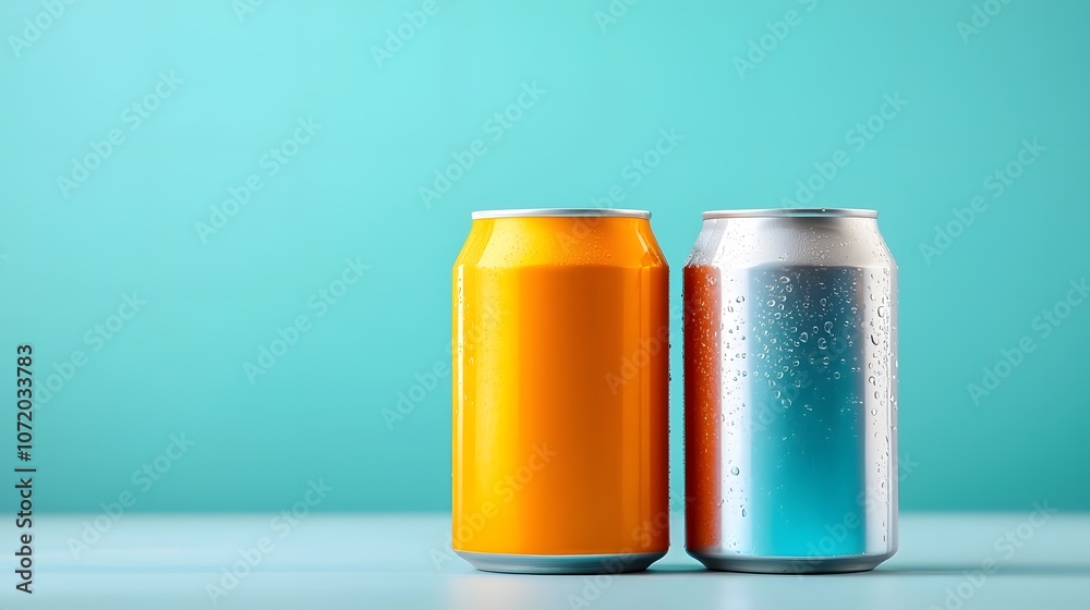 Vibrant Turquoise Background with Two Colorful Canned Soda Beverages Refreshing Carbonated Drink Mockup for Advertising and Marketing Purposes Vibrant Turquoise Background with Two Colorful Canned Soda Beverages Refreshing Carbonated Drink Mockup for Advertising and Marketing Purposes