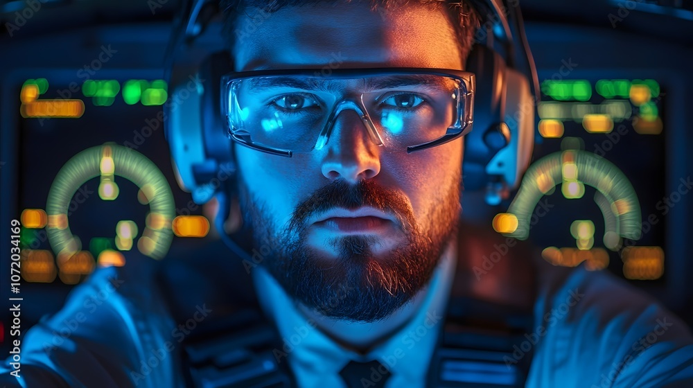 Concentrated male pilot in uniform examining complex digital instrument panel in dark aircraft cockpit aviation and transportation technology concept