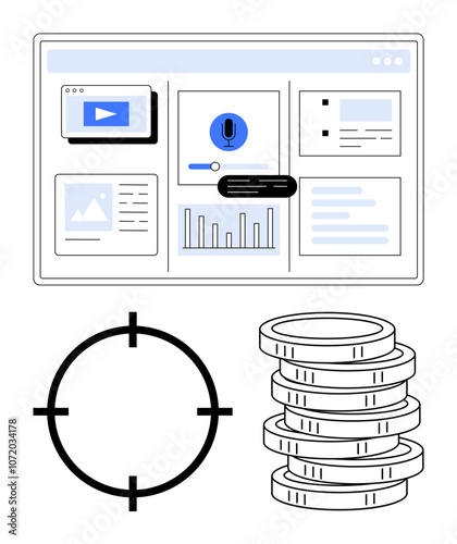 Multimedia dashboard displaying video, audio, photos, and graphs. Includes target icon and stack of coins. Ideal for business analysis, financial goals, digital marketing, data tracking project