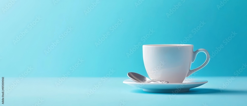 A white cup and saucer with a spoon on a blue background A white cup and saucer with a spoon on a blue background