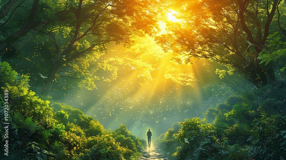 Obraz premium A person hikes along a forest trail, surrounded by towering trees and the sound of birds. The path is covered in leaves, and the sunlight filters through the branches, creating a peaceful and invigora