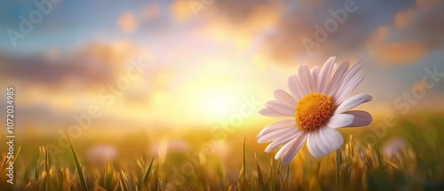 A single white flower in the middle of a grassy field