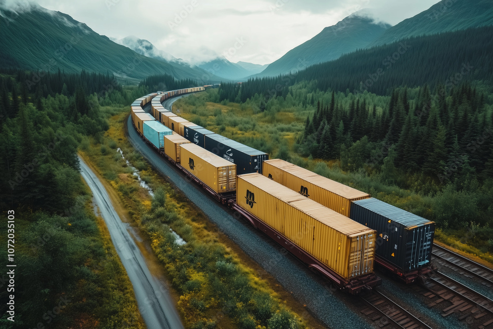 Aerial view of cargo train with container box on railroad, Train shipping on alaska railway among pine tree valley,Selective focus train with mountain view, Steam train on railway in winter with smoke Aerial view of cargo train with container box on railroad, Train shipping on alaska railway among pine tree valley,Selective focus train with mountain view, Steam train on railway in winter with smoke