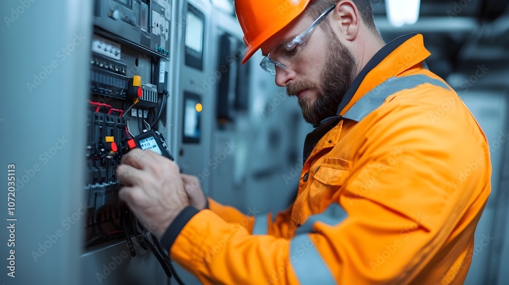 Experienced electrical technician wearing safety gear and uniform working on repairing and maintaining electrical panel in an industrial or manufacturing setting Experienced electrical technician wearing safety gear and uniform working on repairing and maintaining electrical panel in an industrial or manufacturing setting