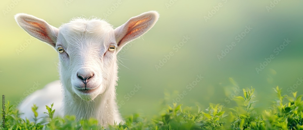 Fototapeta premium A white goat standing in a field of green grass