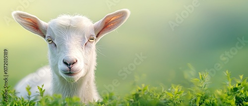 A white goat standing in a field of green grass