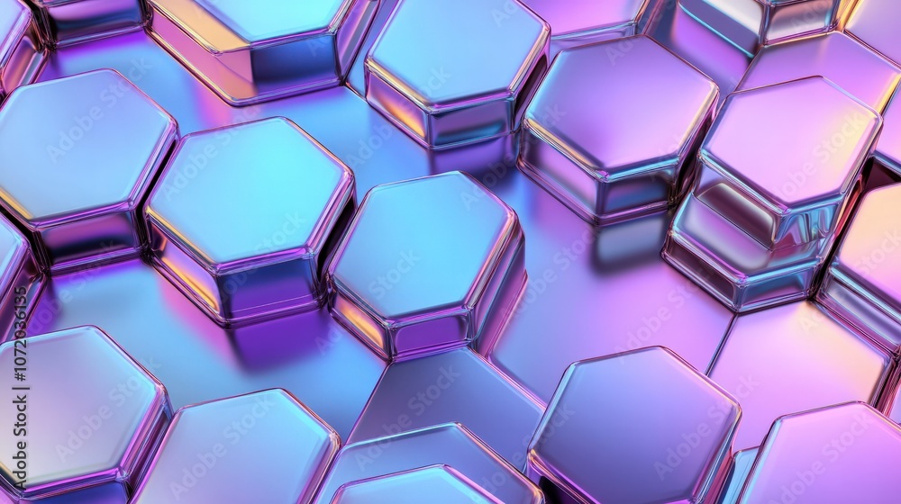 A geometric seamless pattern with metallic holographic hexagons arranged in a tessellated design, reflecting bright, iridescent colors, ideal for high-end branding or futuristic wallpaper A geometric seamless pattern with metallic holographic hexagons arranged in a tessellated design, reflecting bright, iridescent colors, ideal for high-end branding or futuristic wallpaper