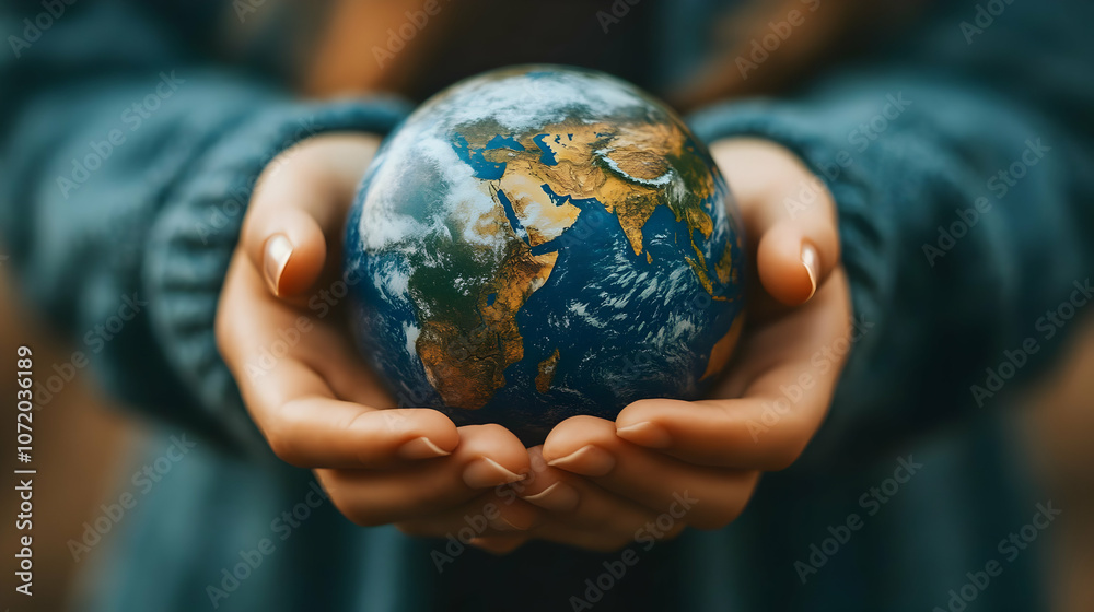 Close-up of Hands Holding a Detailed Globe of the Earth, Representing Global Unity and Responsibility