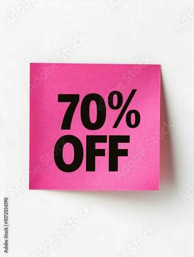 Black '70% OFF' Text on a Hot Pink Square Paper Note. White Background 