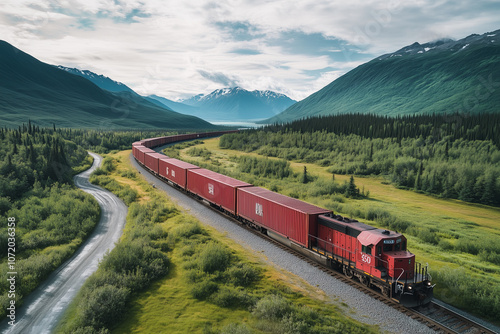 Aerial view of cargo train with container box on railroad, Train shipping on alaska railway among pine tree valley, Selective focus train with mountain view.