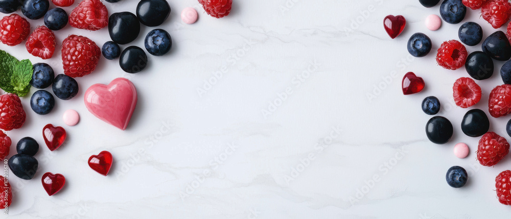 A colorful display of various berries and heart-shaped candies on a light marble background, creating a vibrant and festive atmosphere. A colorful display of various berries and heart-shaped candies on a light marble background, creating a vibrant and festive atmosphere.