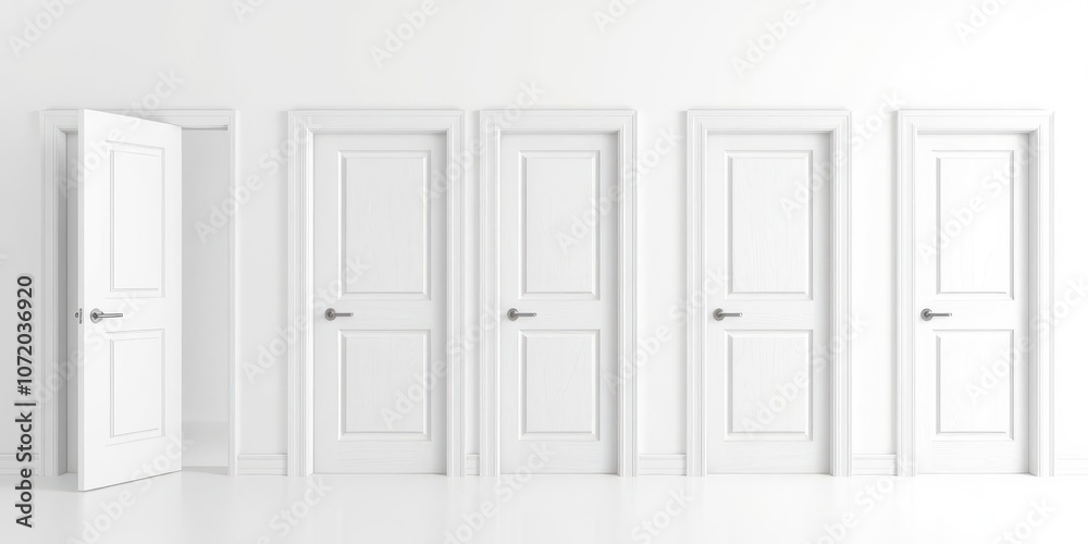 White wooden modern interior door collection set with various open and closed positions isolated on white background, interior design, closed, white White wooden modern interior door collection set with various open and closed positions isolated on white background, interior design, closed, white