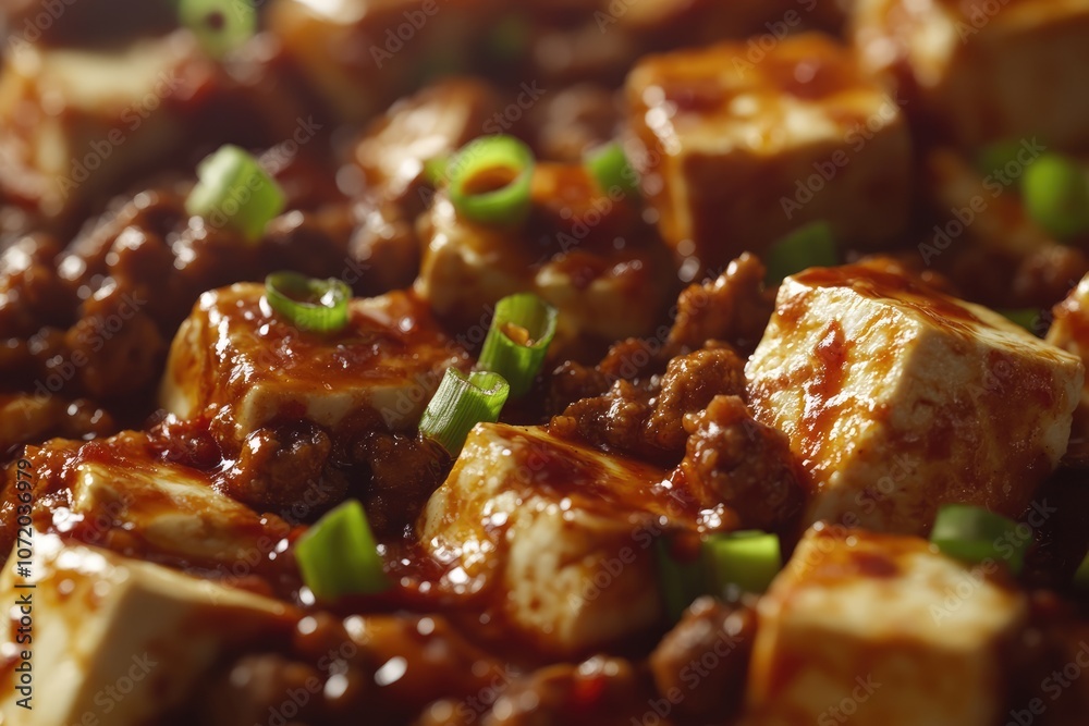 Close-Up of Spicy Mapo Tofu with Chili Oil and Green Onion Garnish Close-Up of Spicy Mapo Tofu with Chili Oil and Green Onion Garnish