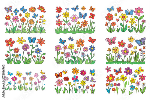 Blossoms & Wings: Adorable Flower and Butterfly Vector Collection, Cute Blossoms & Butterflies