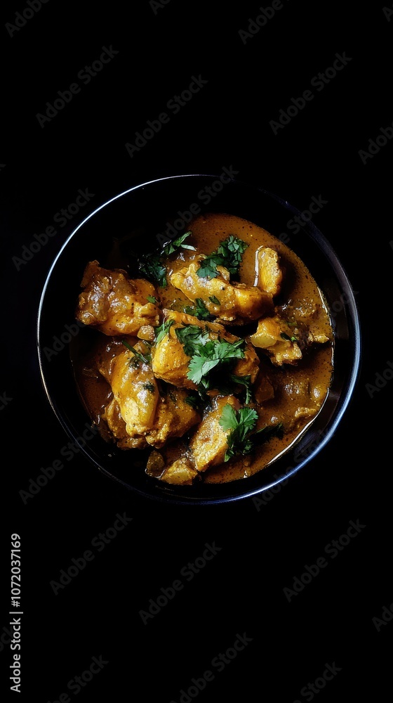 Vibrant Bowl of Creamy Chicken Curry with Naan on Dark Background Vibrant Bowl of Creamy Chicken Curry with Naan on Dark Background