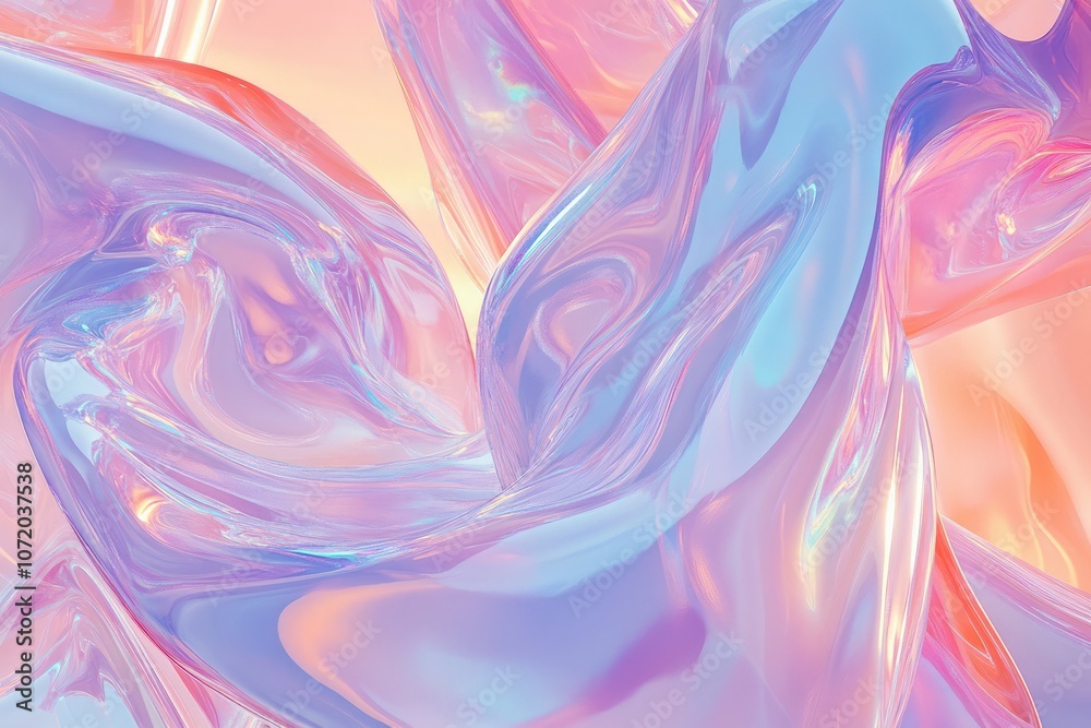 Obraz premium A fluid, abstract seamless pattern featuring holographic gradients and soft curves, creating a surreal, futuristic landscape of shifting light and color, perfect for wallpapers or digital art