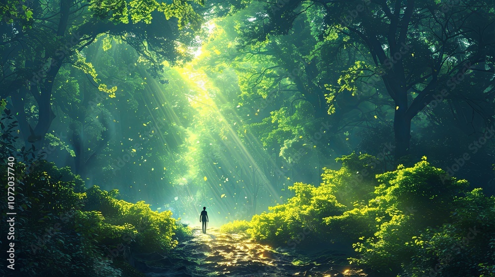 A person hikes along a forest trail, surrounded by towering trees and the sound of birds. The path is covered in leaves, and the sunlight filters through the branches, creating a peaceful and invigora A person hikes along a forest trail, surrounded by towering trees and the sound of birds. The path is covered in leaves, and the sunlight filters through the branches, creating a peaceful and invigora