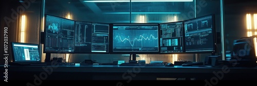 Multiple monitors with financial data displayed on the screens on a dark office desk.