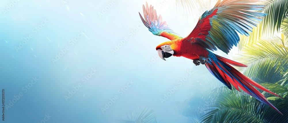 Fototapeta premium A colorful parrot flying through the air in the rain