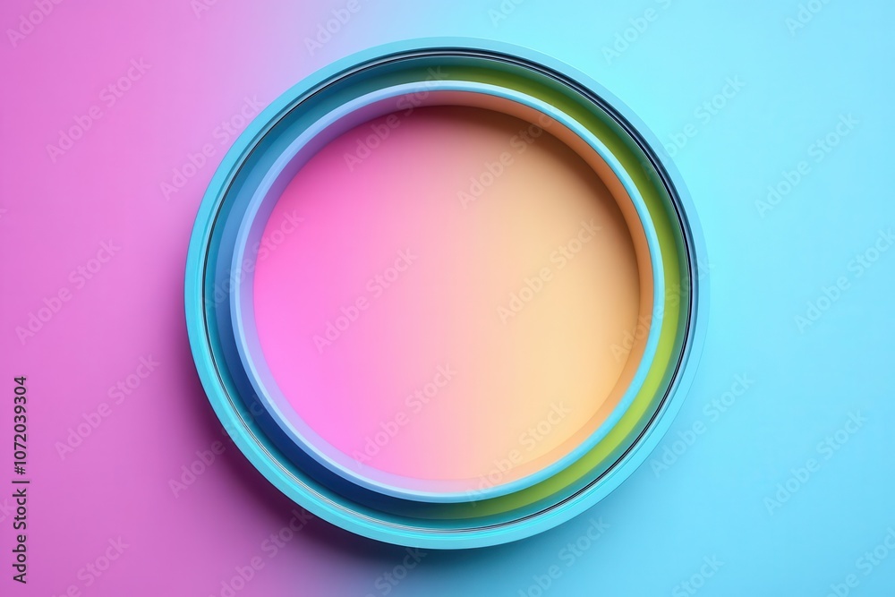 Obraz premium A circular container filled with vibrant, blended shades of pink, orange, and blue against a softly colored background.