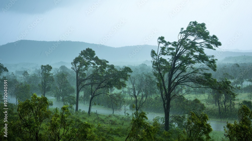 Obraz premium A serene landscape featuring lush greenery and distant hills shrouded in mist, with rainfall gently falling on the trees.