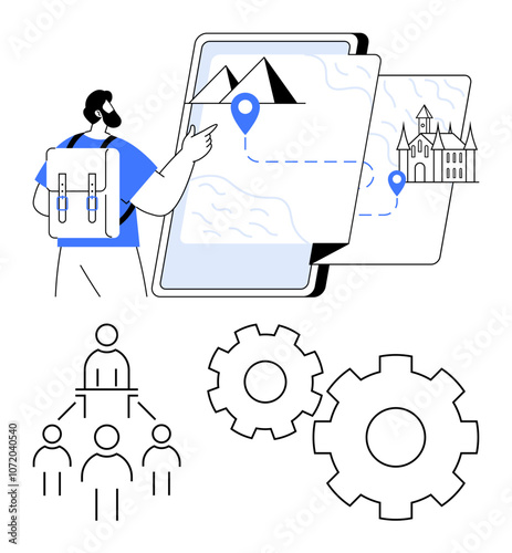 Traveler with backpack interacts with digital map showing a route. Also features gears symbolizing processes and a hierarchical organizational chart. Ideal for travel, navigation, planning