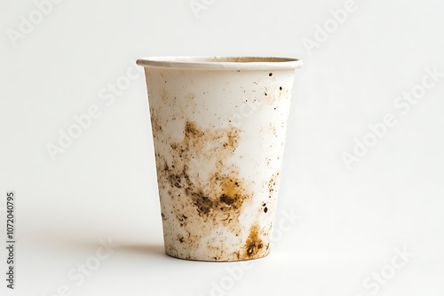 dirty brown stain on take away cup for hot coffee drink, paper mug on white background
