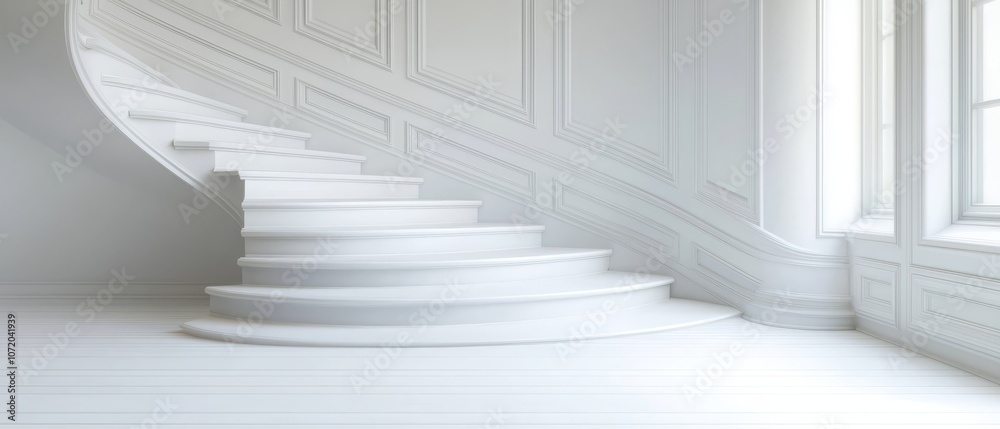 Fototapeta premium A white staircase in an empty room with a large window