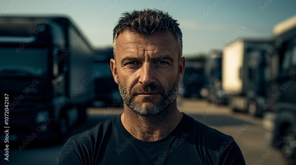 A rugged man stands confidently in front of parked trucks, exuding strength and determination against a backdrop of a busy logistics environment.