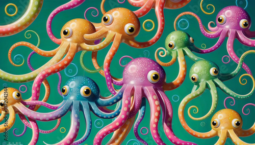Whimsical Cephalopod Celebration, Vibrant Colors, Playful Illustration