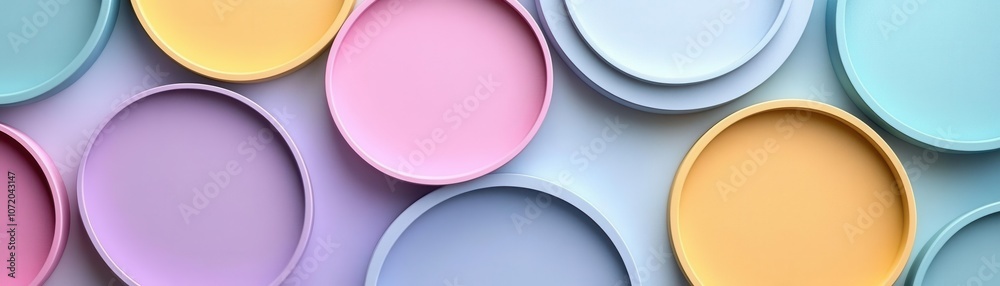 Obraz premium A vibrant arrangement of pastel-colored plates, showcasing a harmonious blend of soft hues and circular shapes against a light background.