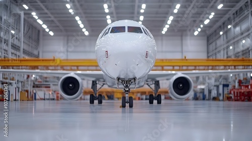 Spacious and well lit industrial hangar interior featuring a commercial passenger airplane or jet undergoing maintenance repair or assembly with various machinery and equipment