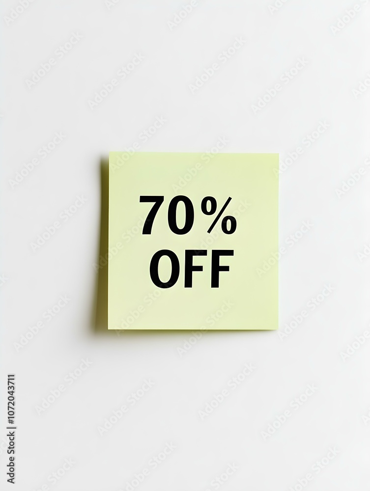 Black '70% OFF' Text on a Light Green Square Paper Note. White Background Black '70% OFF' Text on a Light Green Square Paper Note. White Background