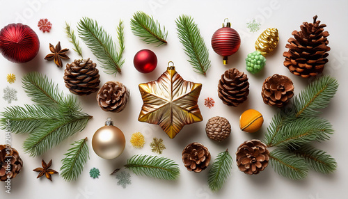 Flat lay of Christmas ornaments, pine cones, and festive decorations on white background photo