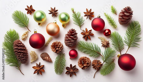 Flat lay of Christmas ornaments, pine cones, and festive decorations on white background photo